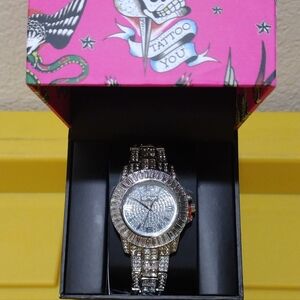 Ed Hardy WOMENS WATCH ED HARDY CRYSTAL BLING WATCH SILVER  TONE RHINESTONE NEW